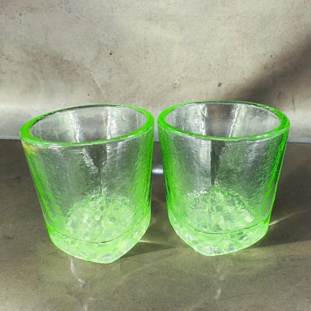 Fire & Light Green Recycled Glass Tumbler On the Rocks Square Signed Set‎ 2